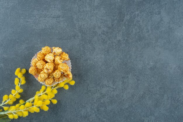 Piccola porzione di popcorn al caramello accanto a un gambo di pianta sensibile su sfondo marmo. Foto di alta qualità
