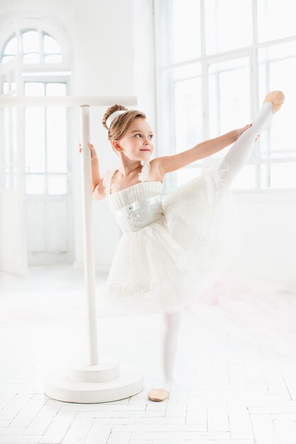 Piccola ragazza ballerina in un tutu. Bambino adorabile che balla balletto classico in uno studio bianco.