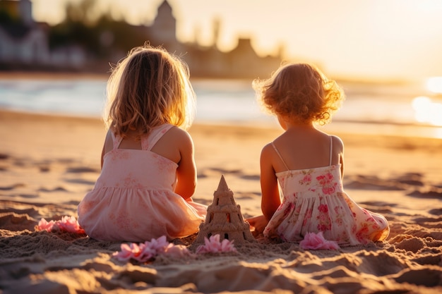 Piccole sorelle che giocano insieme sulla spiaggia