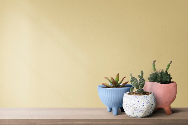 Piccoli cactus con uno sfondo di muro giallo