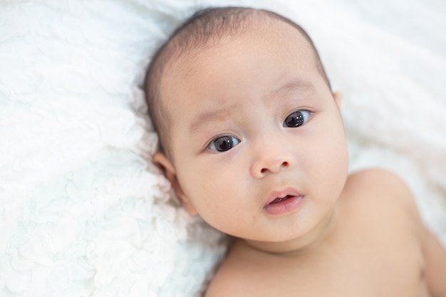 Piccolo bambino sveglio che esamina la macchina fotografica