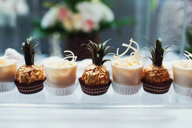 Piccolo cioccolato decorato come un ananas si erge sul piatto