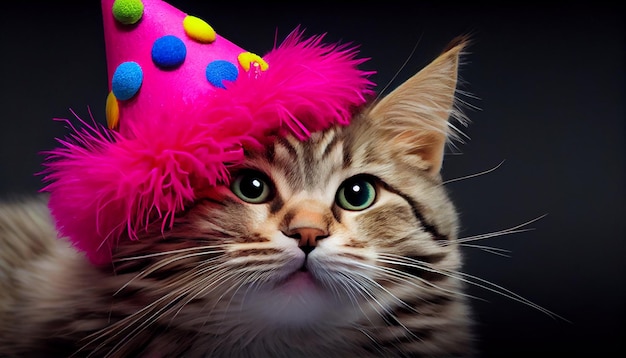 Piccolo gattino soffice con cappello da festa che celebra il compleanno dell'IA generativa