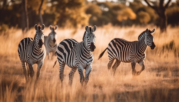 Piccolo gruppo di mammiferi striati che pascolano nella riserva selvaggia africana generata dall'intelligenza artificiale
