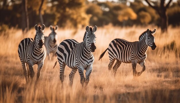 Piccolo gruppo di mammiferi striati che pascolano nella riserva selvaggia africana generata dall'intelligenza artificiale