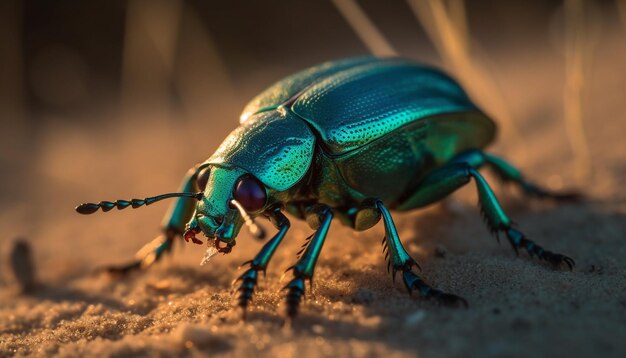 Piccolo scarabeo che striscia su una foglia verde generata dall'IA