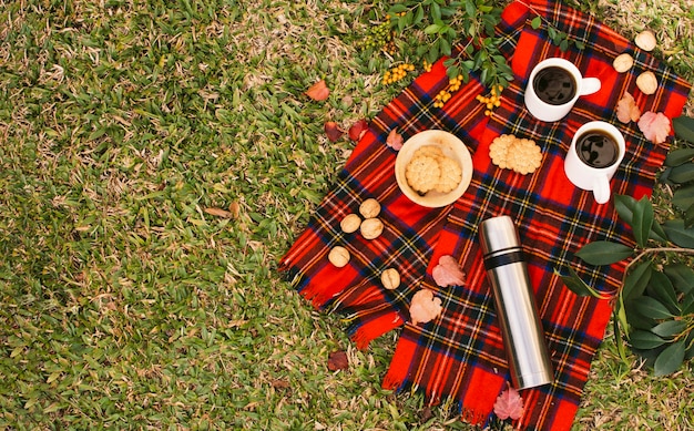 Picnic minimalista vista dall'alto con spazio di copia