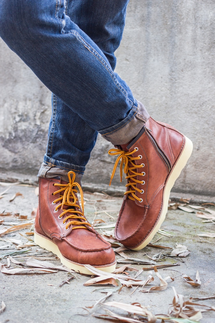 Foto gratuito piede maschile con scarpe di pelle marrone e jeans