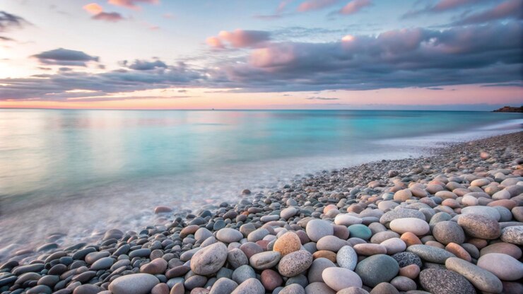 Foto gratuito pietre lisce su una spiaggia al tramonto