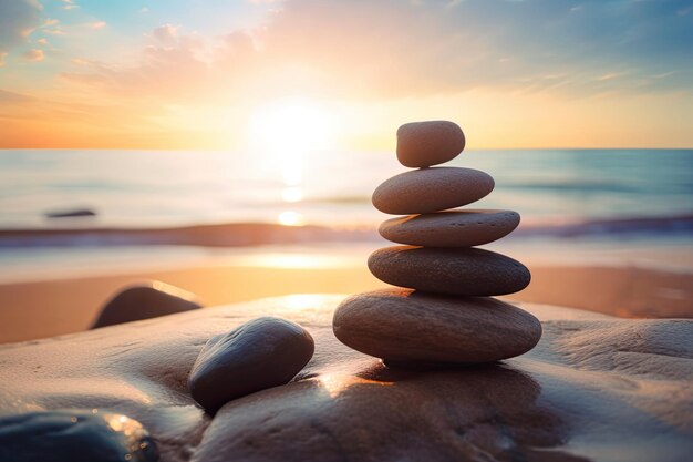 Pietre Zen in equilibrio sulla spiaggia con copia spazio Luce dell'alba Meditazione e rilassamento Ai generativo