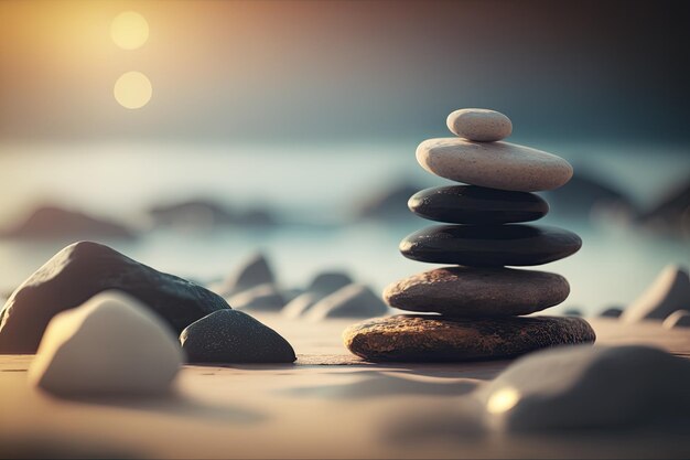 Pietre zen in equilibrio sulla spiaggia Luce dell'alba Meditazione e rilassamento Ai generativa