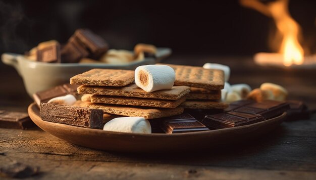 Pila di biscotti al cioccolato fatti in casa su legno generato dall'intelligenza artificiale