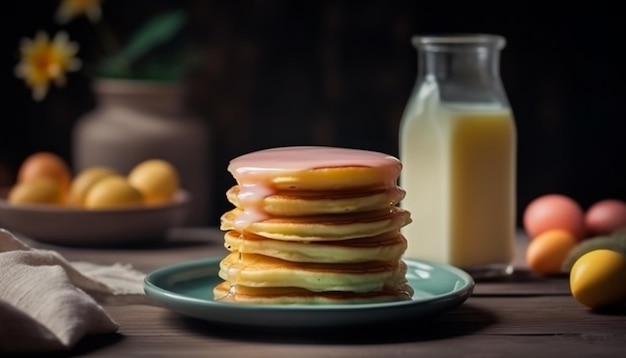 Pila di frittelle fatte in casa con frutti di bosco freschi generati dall'intelligenza artificiale