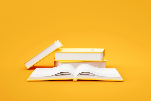 Pila di libri sul rendering 3d del concetto di istruzione di sfondo giallo