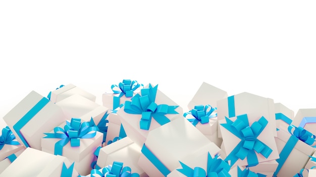 Pila di scatole regalo bianche con nastri blu su uno sfondo bianco copia spazio per il testo