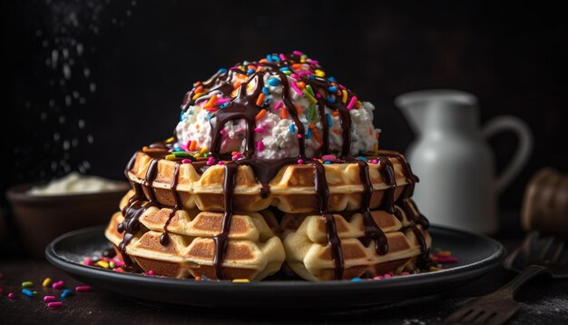Pila di waffle belgi fatti in casa con bacche generative AI