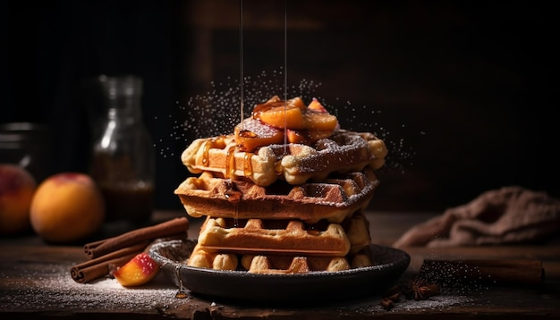 Pila di waffle rustici con salsa di frutti di bosco dolce fatta in casa generata dall'intelligenza artificiale