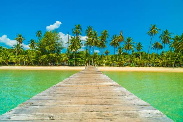 Pilastro di legno o ponte con spiaggia tropicale e mare nell&#39;isola di paradiso
