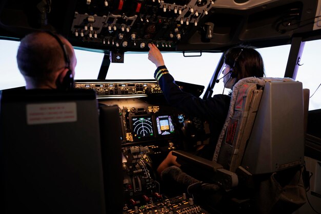 Pilota femminile che assiste il capitano al decollo e al volo dell'aereo, utilizzando i pulsanti sul comando del cruscotto nella cabina di pilotaggio. Aerei di linea jet aereo con parabrezza di navigazione e pannello di controllo.