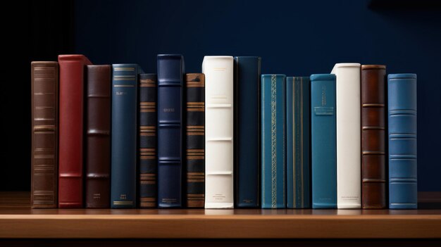 Pilota organizzata di libri a copertina rigida senza etichetta su un tavolo di legno con uno sfondo blu per temi educativi