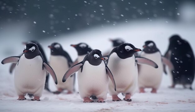 Pinguini Gentoo che ondeggiano in una colonia innevata generata dall'intelligenza artificiale