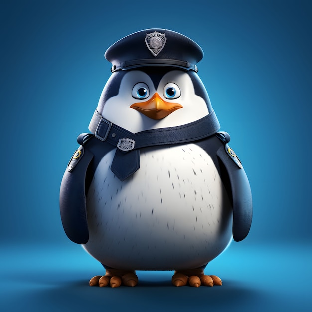 Pinguino animato del fumetto con l'attrezzatura dell'ufficiale di polizia