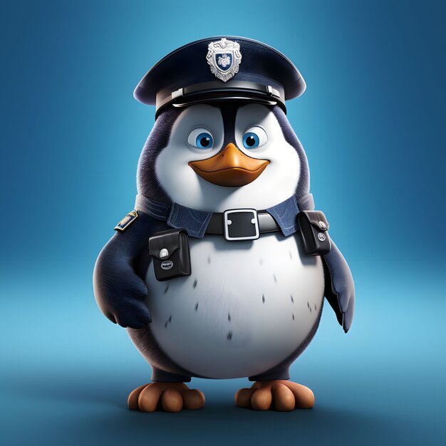 Pinguino animato del fumetto con l'attrezzatura dell'ufficiale di polizia