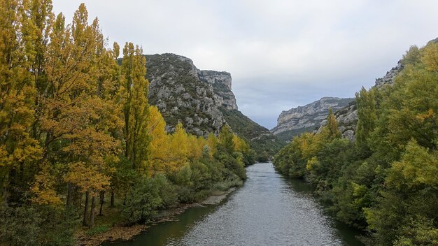 Pittoresco paesaggio del fiume Ebro circondato da montagne e alberi