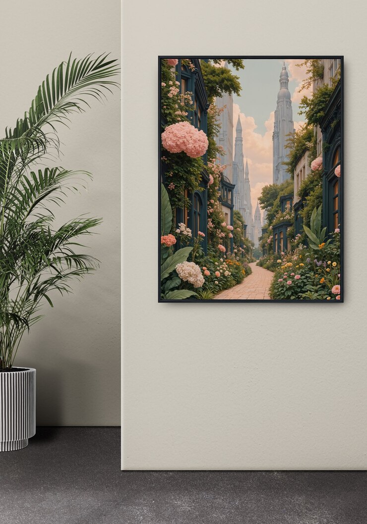 Foto gratuito pittura di un giardino in una città, appesa a una parete