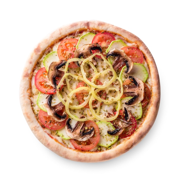 Pizza ai funghi vegetariana su sfondo bianco isolato. Natura morta. Copia spazio. Vista dall'alto. Disposizione piatta