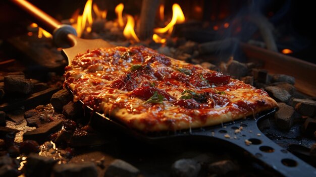Pizza alla griglia con il fuoco sullo sfondo in primo piano