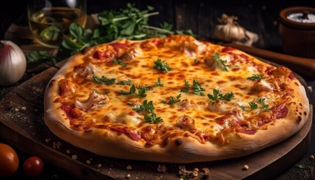 Pizza appena sfornata su tavola di legno rustica generata da AI