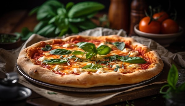 Pizza appena sfornata su tavola di legno rustica generata da AI