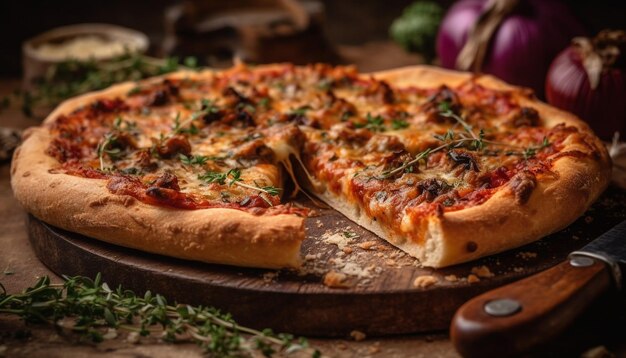 Pizza appena sfornata su tavola di legno rustica generata da AI