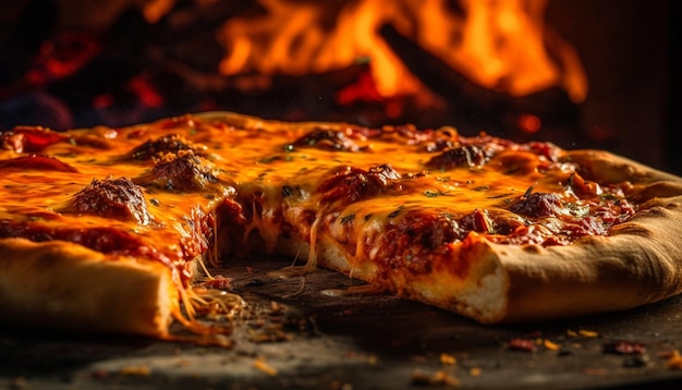 Pizza gourmet appena sfornata che scioglie la mozzarella generata dall'intelligenza artificiale
