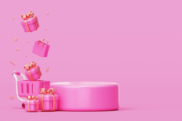 Podio rosa con confezione regalo sul carrello per la presentazione banner di vendita del prodotto sfondo 3d