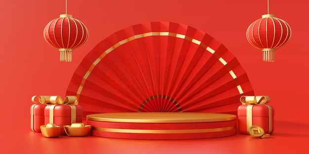 Podio rosso con lanterna capodanno cinese e confezione regalo nastro d'oro prodotto stand podio sfondo piedistallo rendering 3D