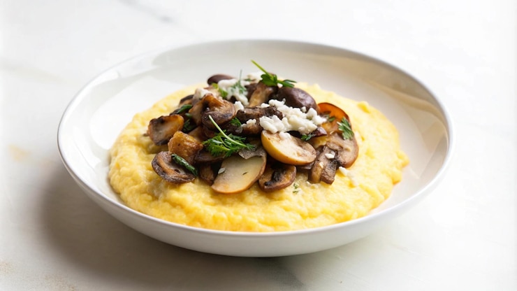 Foto gratuito polenta cremosa coperta di funghi salati e erbe fresche servita su un piatto bianco