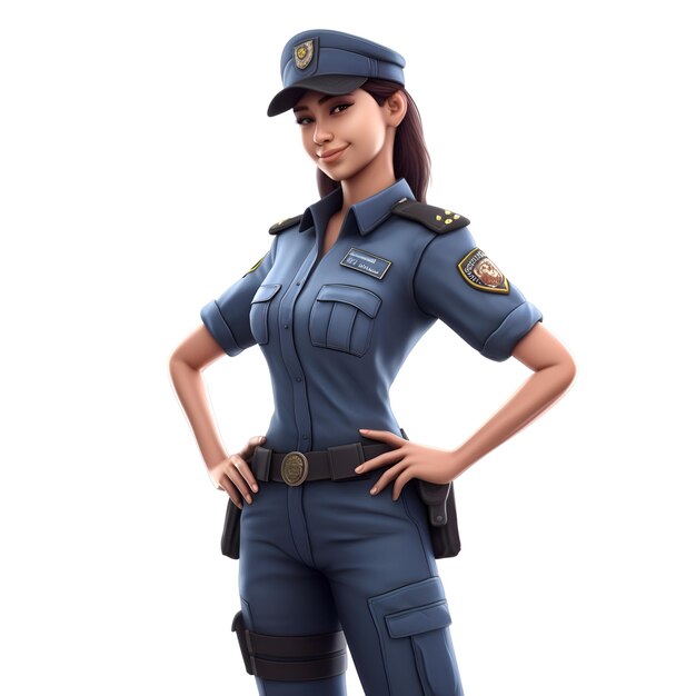 Poliziotta in uniforme blu isolata su sfondo bianco con percorso di ritaglio