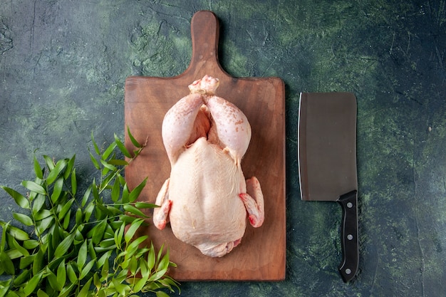 Pollo fresco vista dall'alto con foglie verdi su superficie blu scuro