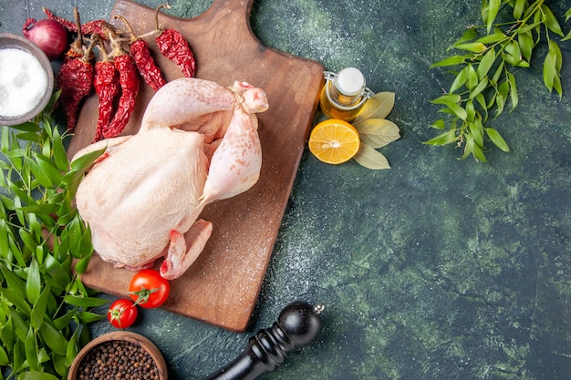 Pollo fresco vista dall'alto con pomodori rossi su superficie blu scuro