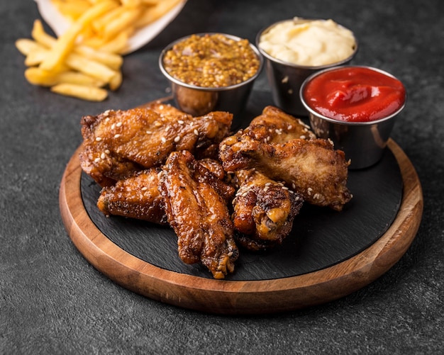 Pollo fritto con varietà di salse e patatine fritte