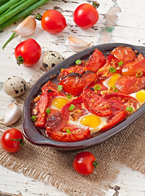 Pomodori al forno con aglio e uova decorate con cipolle verdi