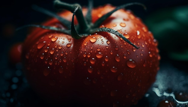 Pomodoro maturo luccicante di rugiada in natura generato dall'intelligenza artificiale