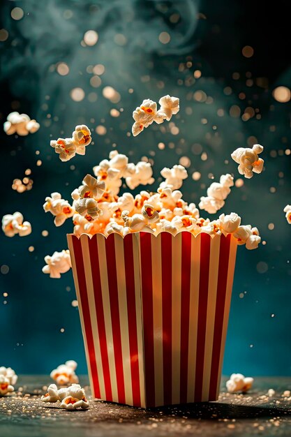 Popcorn che cade in una scatola a strisce rosse e bianche su sfondo blu