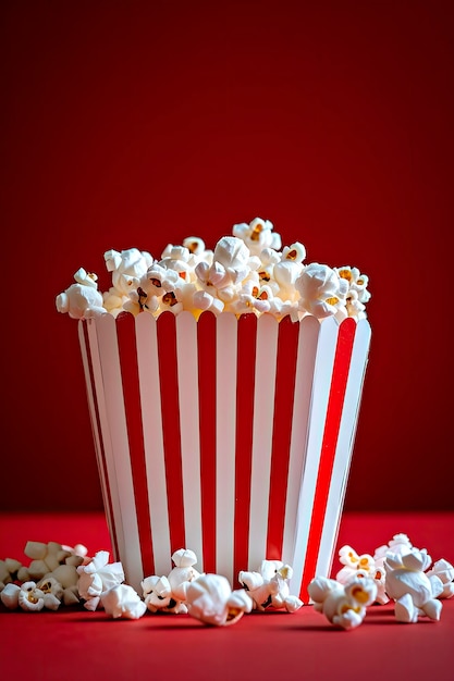 Popcorn che cade in una scatola a strisce rosse e bianche su sfondo rosso