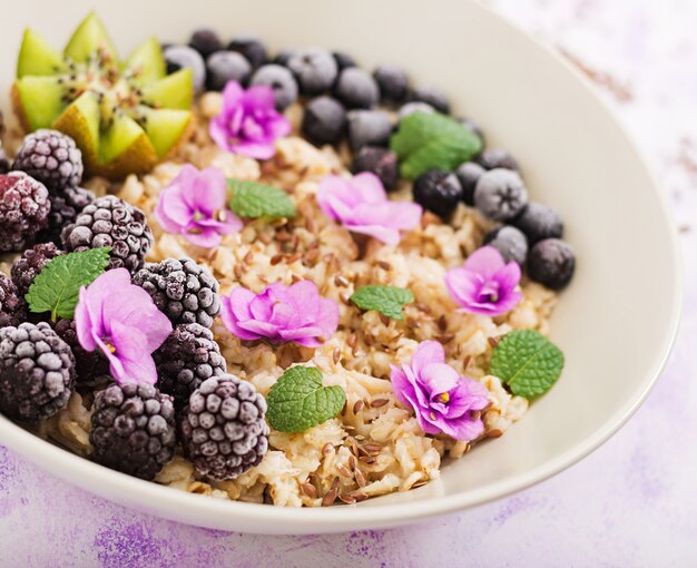 Porridge di farina d'avena gustoso e sano con frutta, bacche e semi di lino. Colazione salutare. Cibo fitness. Nutrizione appropriata.