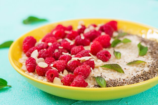 Porridge di farina d'avena gustoso e sano con lamp di lampone e lino. Colazione salutare. Cibo fitness. Nutrizione appropriata