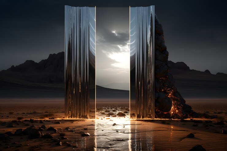 Foto gratuito porta o portale in stile fantasy con paesaggio desertico.