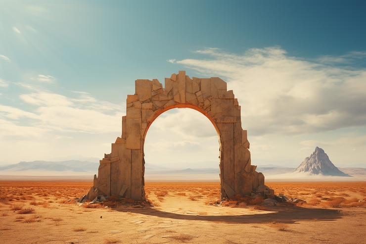 Foto gratuito porta o portale in stile fantasy con paesaggio desertico.